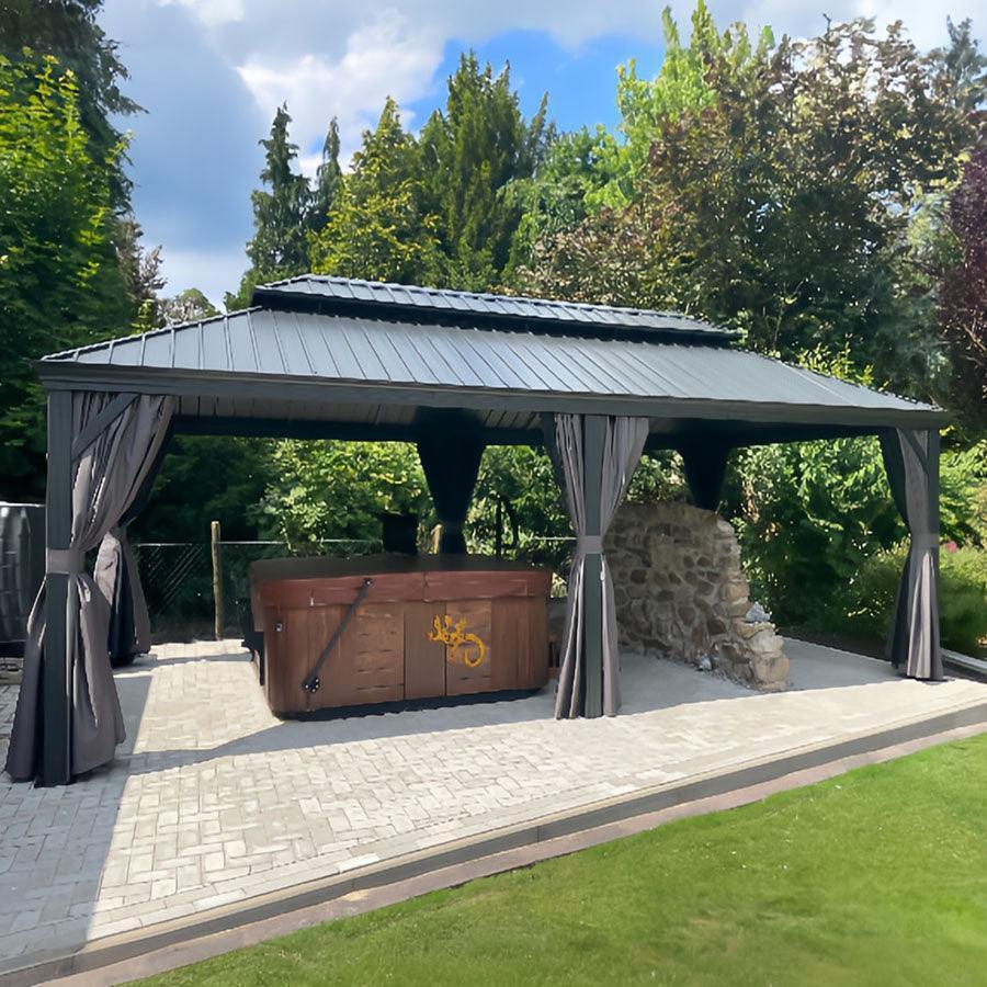 PURPLE LEAF – Pavillon de terrasse pour jardin, toit rigide gris en acier galvanisé avec rideau amélioré