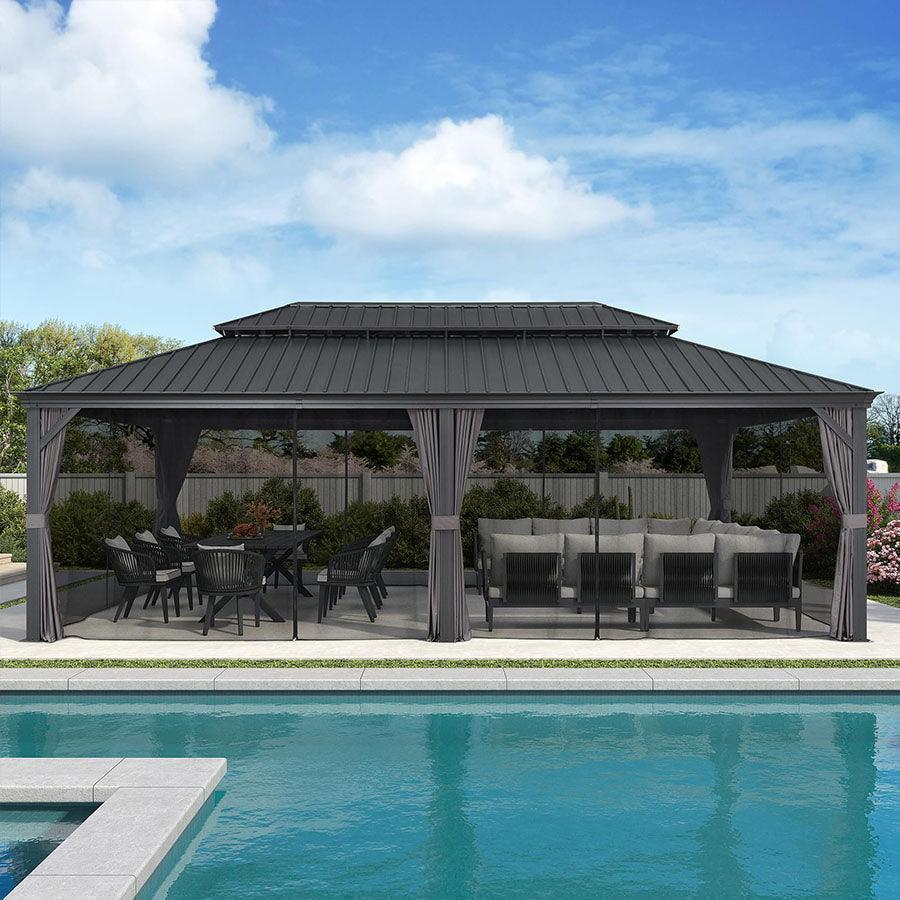 PURPLE LEAF – Pavillon de terrasse pour jardin, toit rigide gris en acier galvanisé avec rideau amélioré