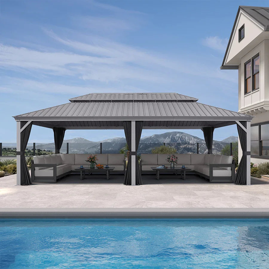 PURPLE LEAF – Pavillon de terrasse pour piscine, toit rigide gris clair en acier galvanisé avec rideaux améliorés