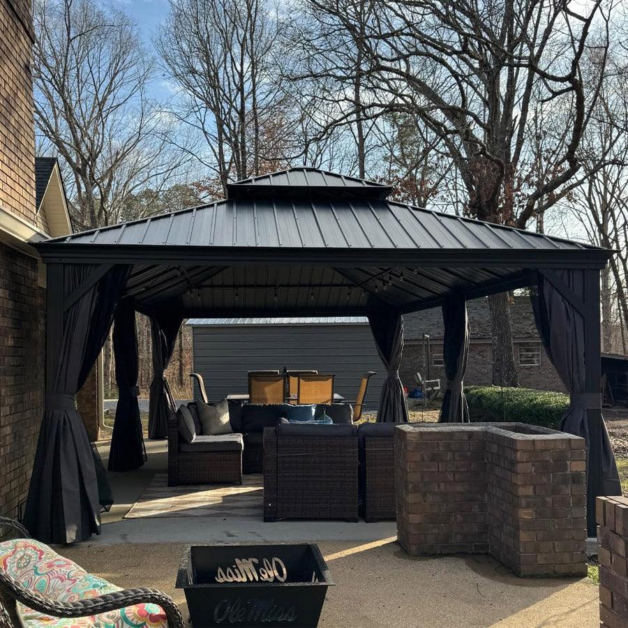 PURPLE LEAF – Pavillon de terrasse pour jardin, toit rigide gris en acier galvanisé avec rideau amélioré