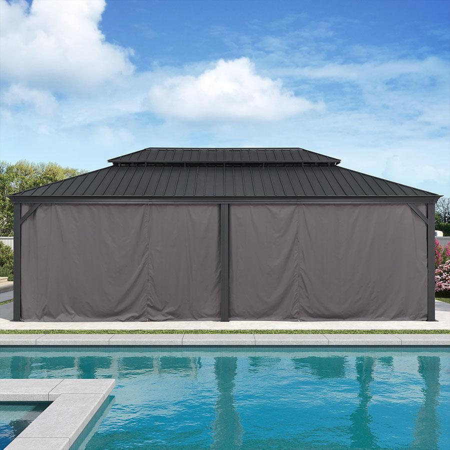 PURPLE LEAF – Pavillon de terrasse pour jardin, toit rigide gris en acier galvanisé avec rideau amélioré