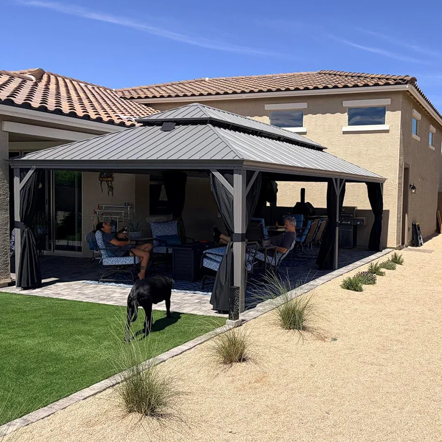 PURPLE LEAF – Pavillon de terrasse pour piscine, toit rigide gris clair en acier galvanisé avec rideaux améliorés