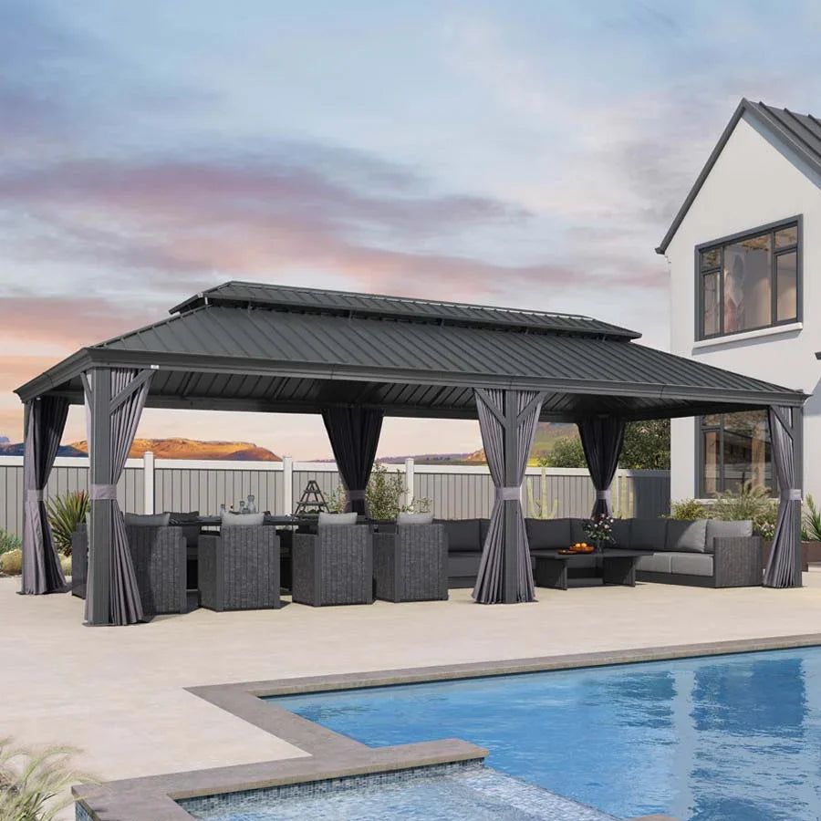 PURPLE LEAF – Pavillon de terrasse pour jardin, toit rigide gris en acier galvanisé avec rideau amélioré