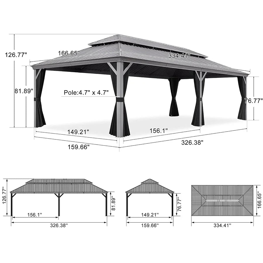 PURPLE LEAF – Pavillon de terrasse pour piscine, toit rigide gris clair en acier galvanisé avec rideaux améliorés