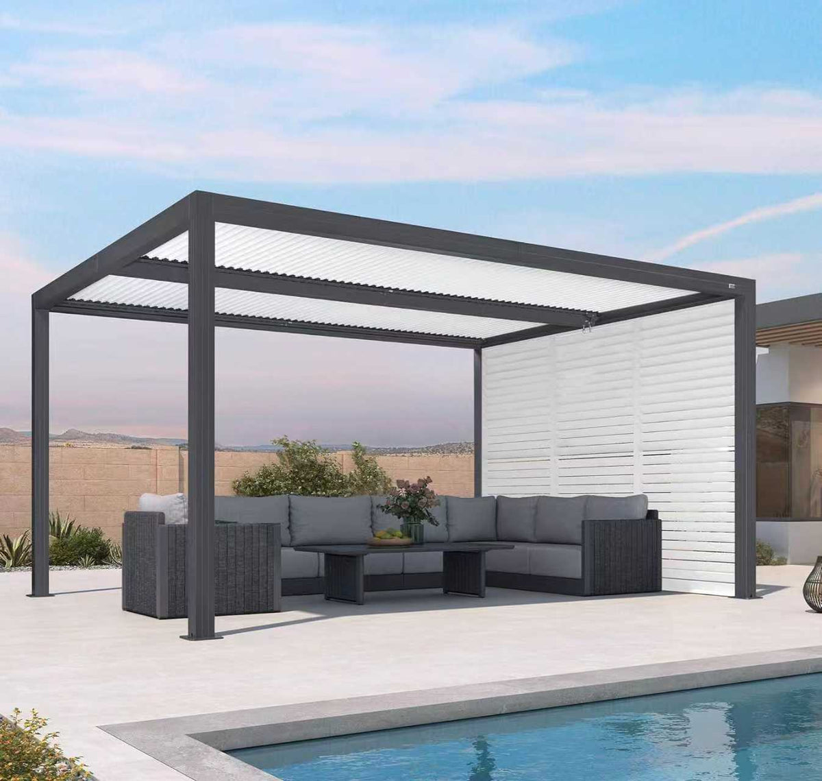 PURPLE LEAF Athena – Pergola extérieure grise en aluminium à lames orientables avec paroi à volets, réglable et étanche à la pluie