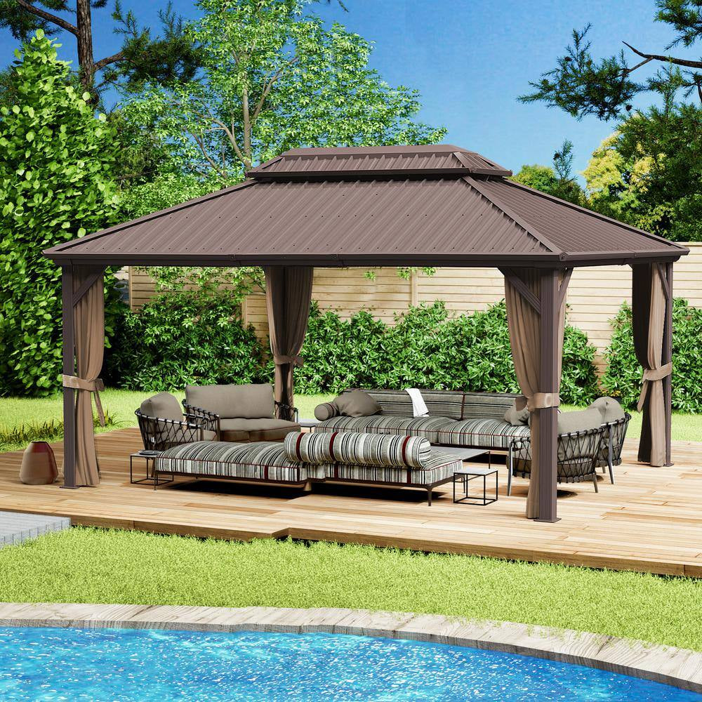 Pavillon permanent en aluminium à toit rigide double 12 Ft. X 16 Ft., marron foncé, avec moustiquaires et parois latérales