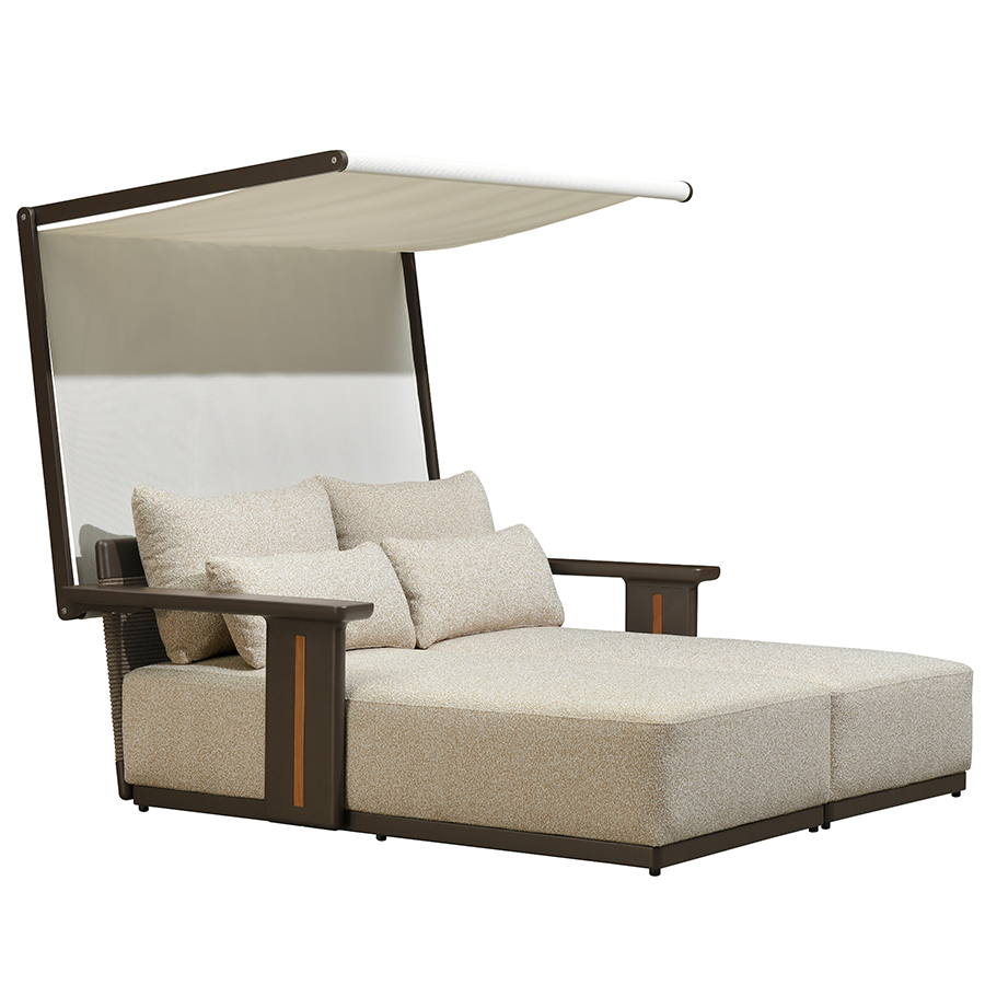 PURPLE LEAF – Double chaise longue extérieure haut de gamme en aluminium Premium avec accoudoirs finition teck, 4 oreillers et auvent en Textilene