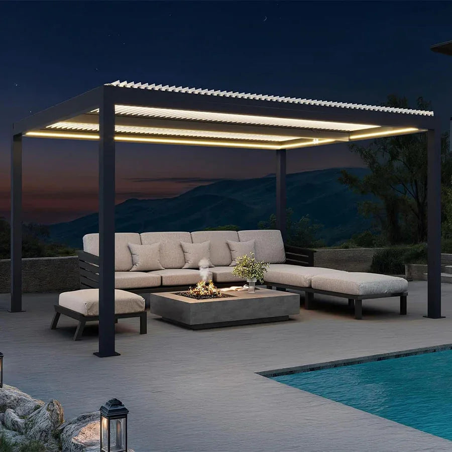 PURPLE LEAF Athena – Pergola extérieure grise en aluminium à lames orientables avec rubans lumineux et toit réglable