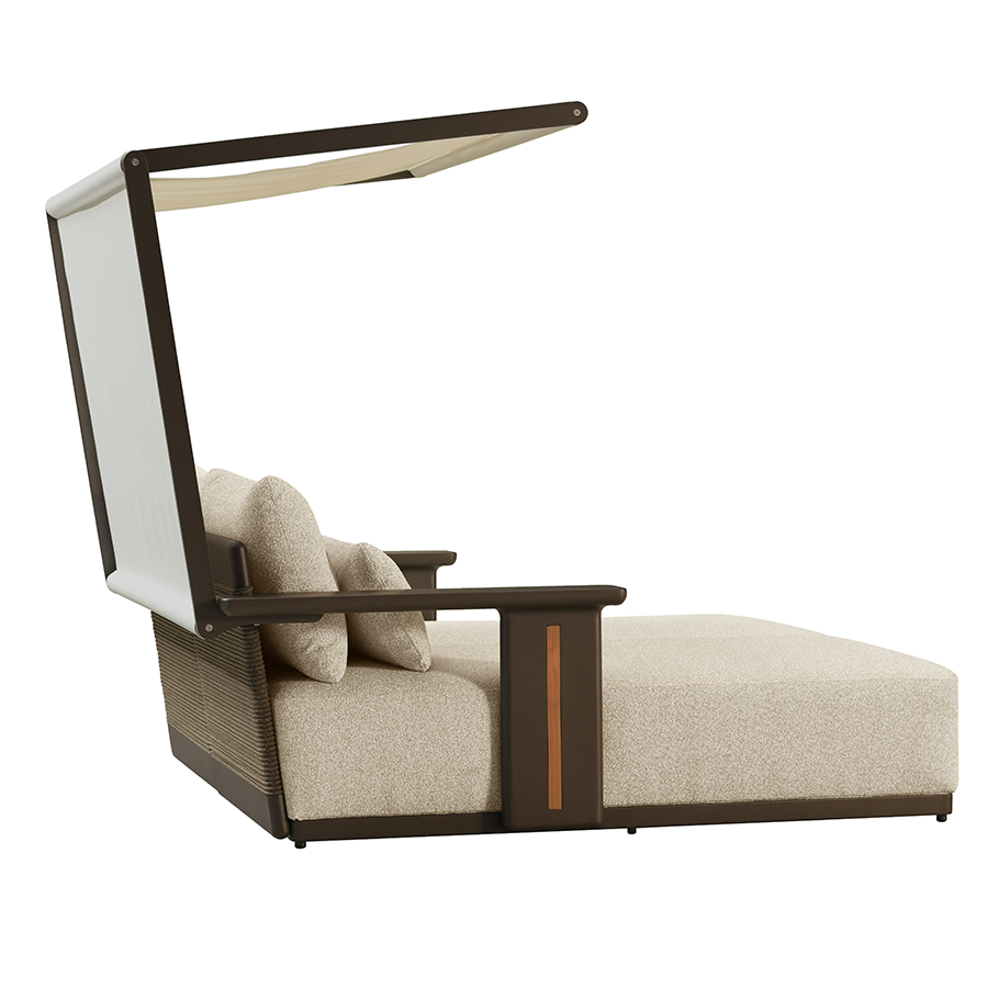 PURPLE LEAF – Double chaise longue extérieure haut de gamme en aluminium Premium avec accoudoirs finition teck, 4 oreillers et auvent en Textilene
