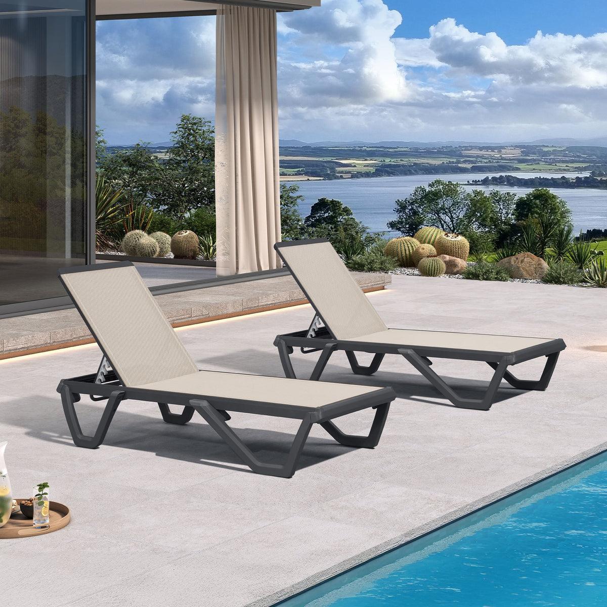PURPLE LEAF – Chaise longue extérieure à 5 positions avec structure en aluminium et assise en Textilene, légère et durable pour terrasse et piscine