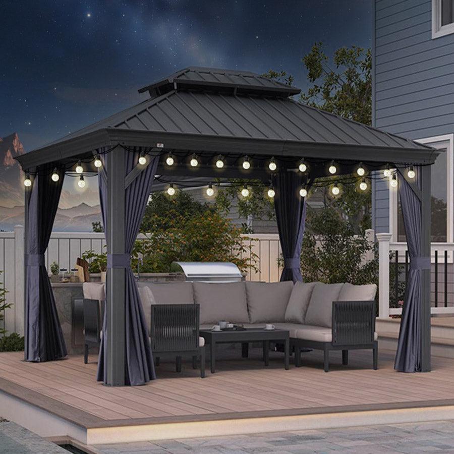 PURPLE LEAF – Pavillon extérieur à toit rigide pour terrasse, structure en aluminium grise, rideau bleu marine et guirlande lumineuse