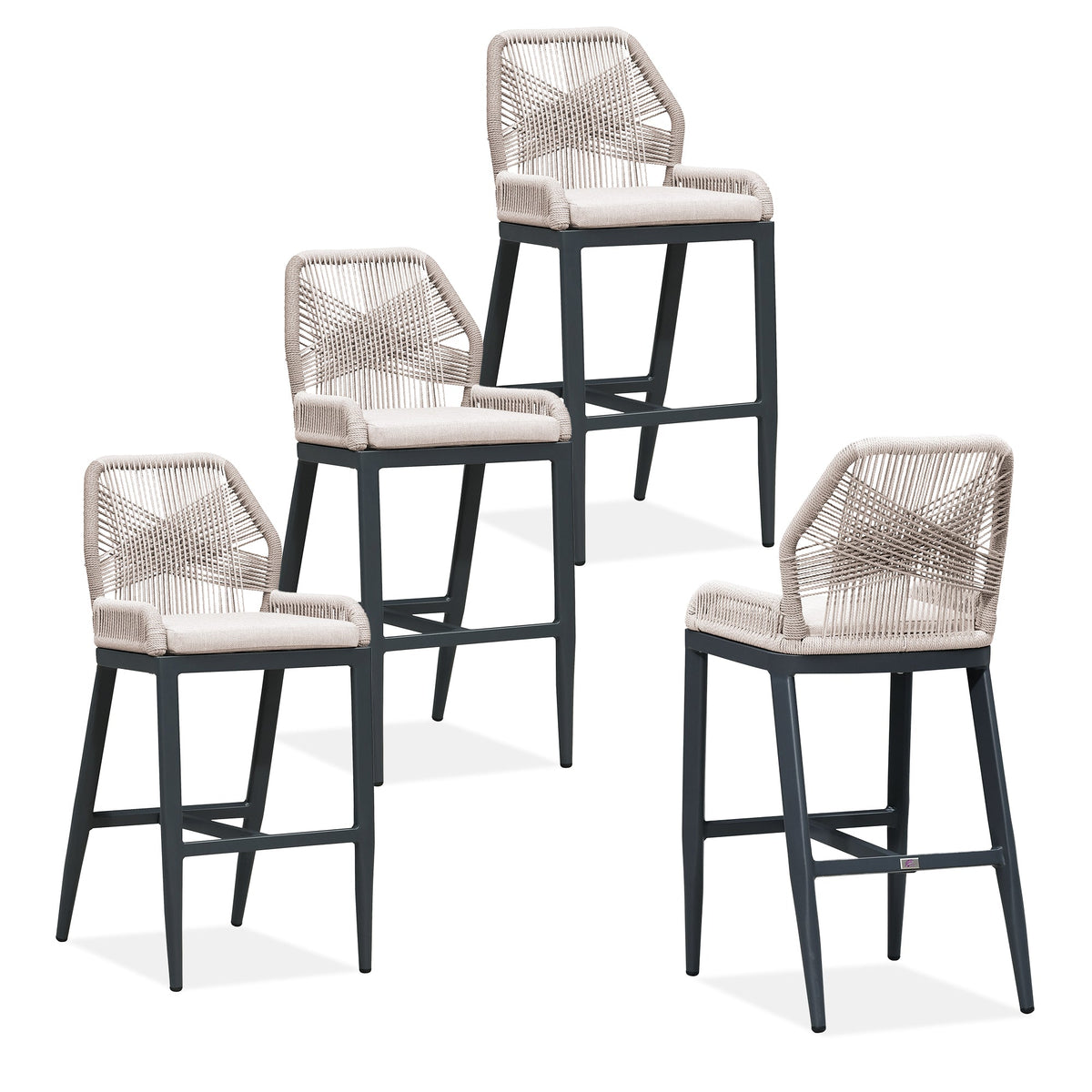 PURPLE LEAF – Lot de 4 tabourets de bar extérieurs en aluminium avec dossier, rotin tressé moderne style bohème pour jardin et piscine