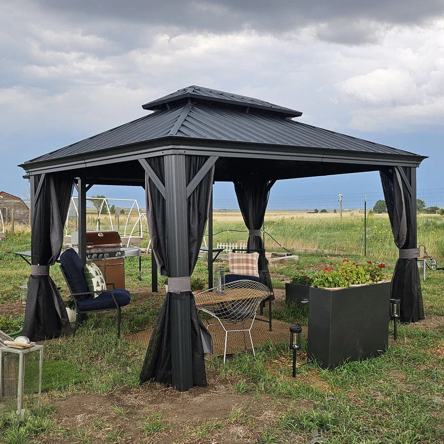 PURPLE LEAF – Pavillon de terrasse pour jardin, toit rigide gris en acier galvanisé avec rideau amélioré