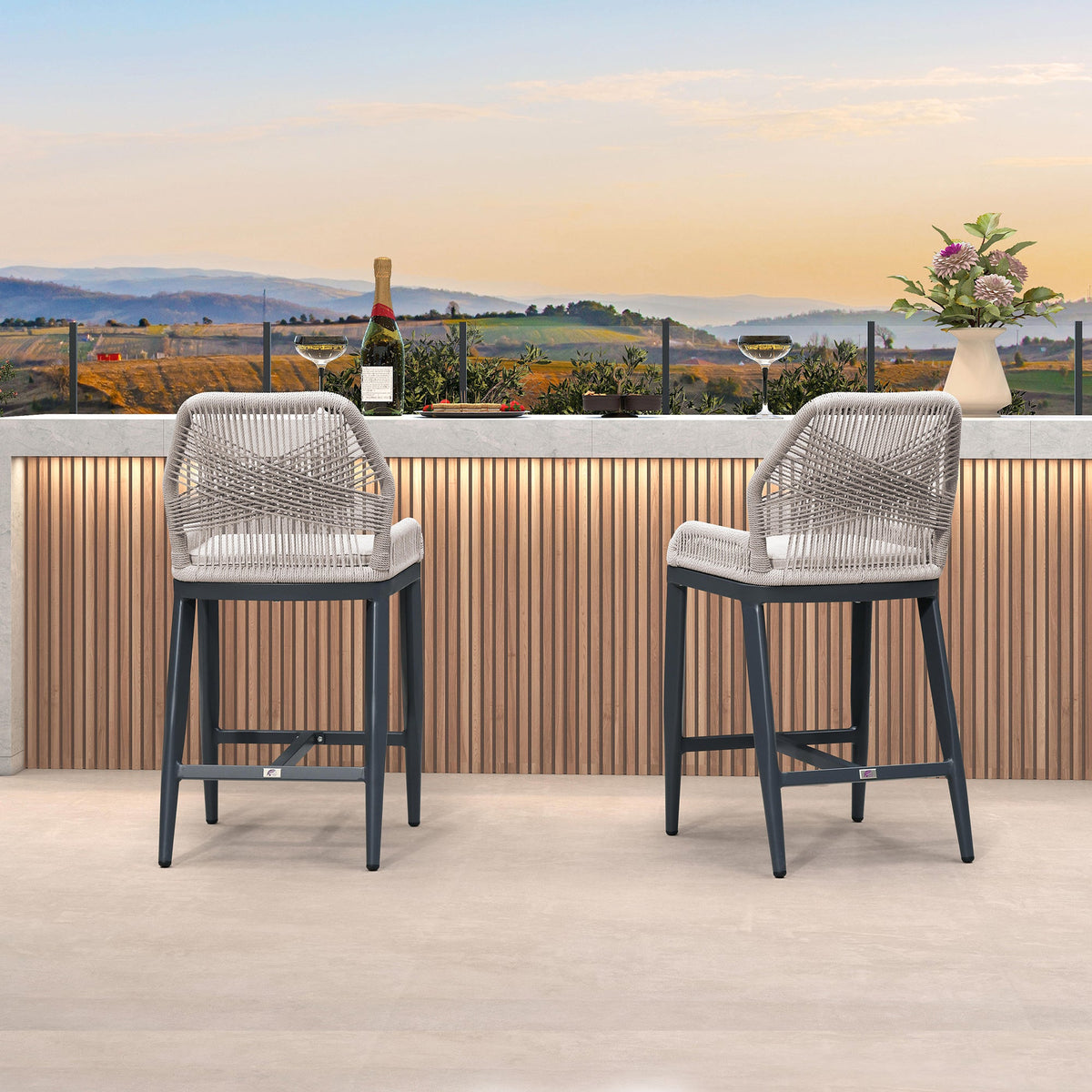 PURPLE LEAF – Lot de 4 tabourets de bar extérieurs en aluminium avec dossier, rotin tressé moderne style bohème pour jardin et piscine