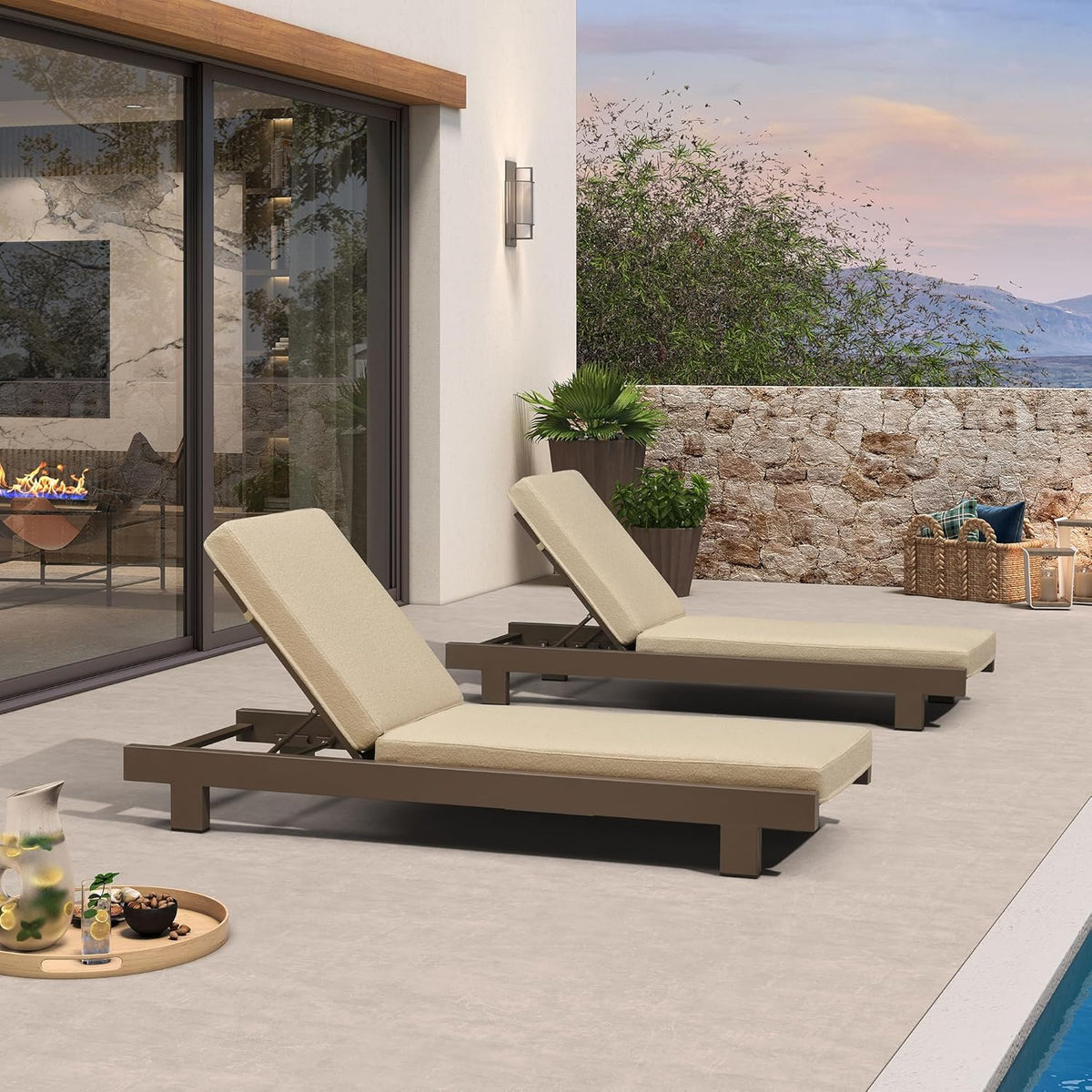 PURPLE LEAF – Lit de repos extérieur haut de gamme avec coussin, tissu mélangé oléfine et structure en aluminium pour terrasse et piscine