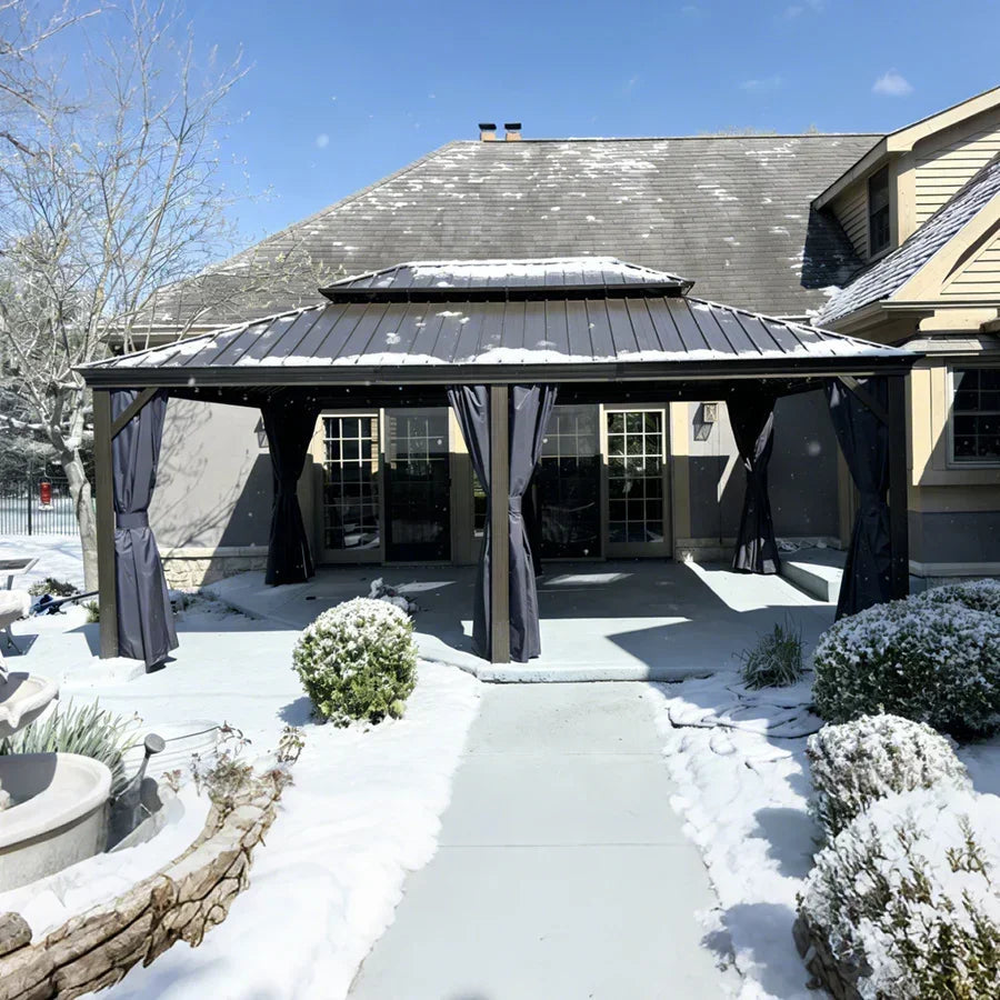 PURPLE LEAF – Pavillon extérieur à toit rigide pour terrasse, structure en aluminium bronze avec rideau bleu marine