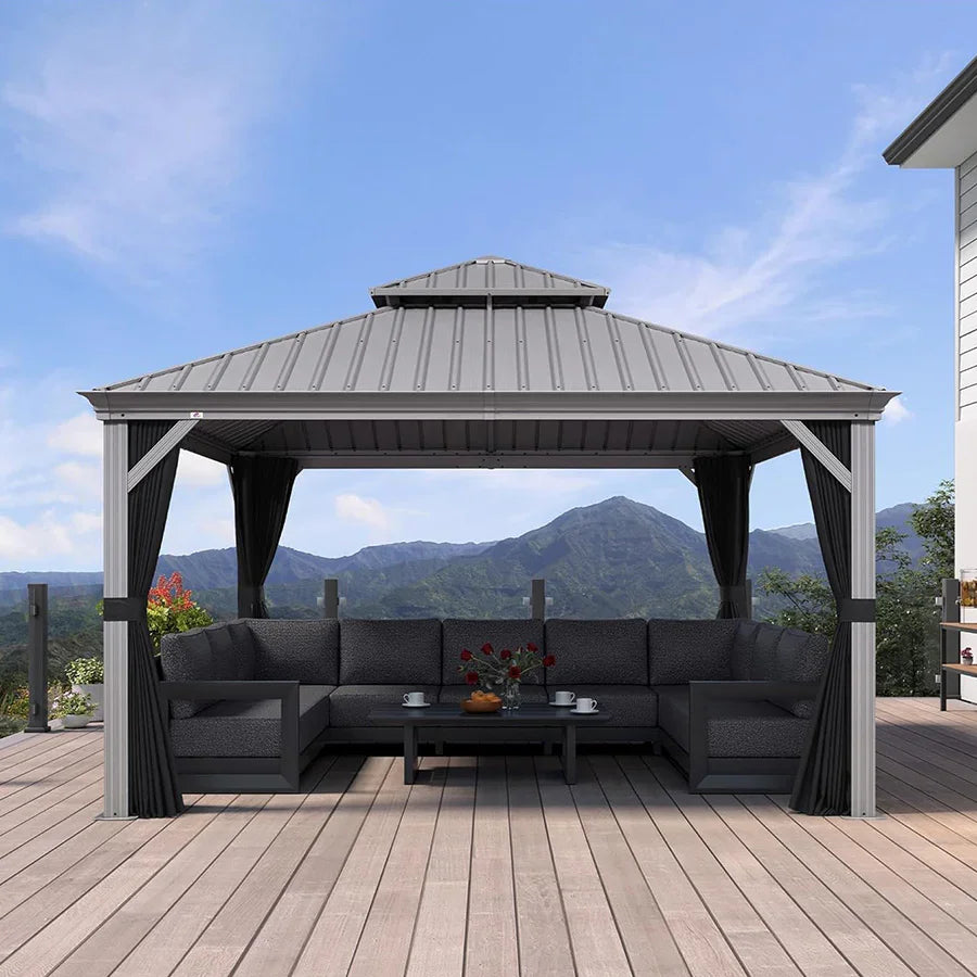 PURPLE LEAF – Pavillon de terrasse pour piscine, toit rigide gris clair en acier galvanisé avec rideaux améliorés