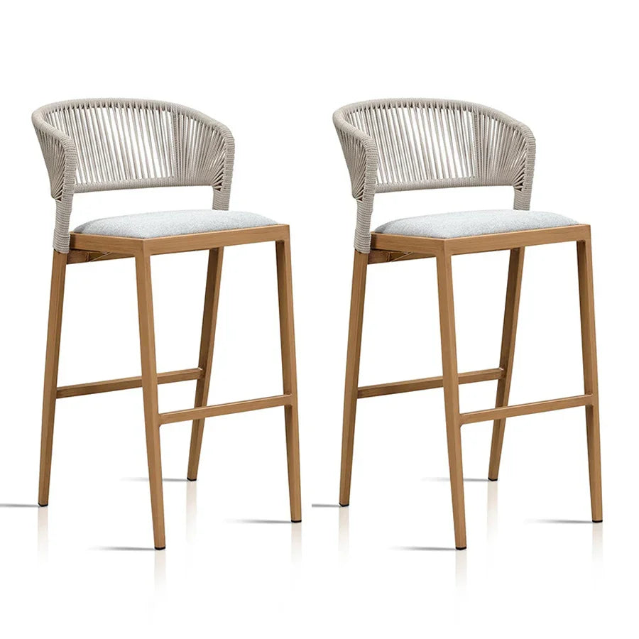 PURPLE LEAF – Lot de 2 tabourets de bar extérieurs en aluminium et corde tressée toutes saisons pour terrasse, balcon, jardin ou îlot de cuisine