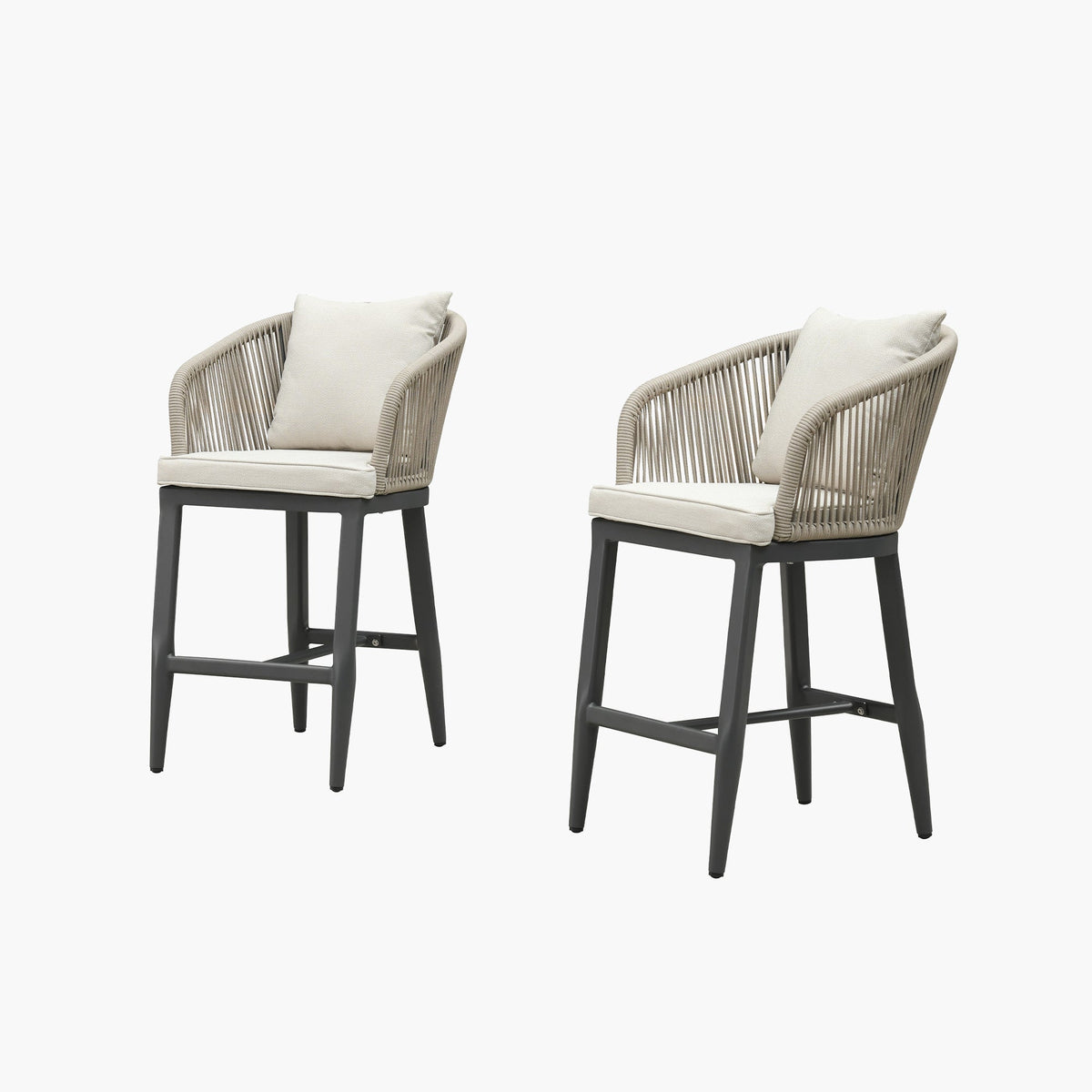 PURPLE LEAF – Tabourets de bar modernes extérieurs en aluminium et rotin avec dossier haut, accoudoirs, coussins et oreillers amovibles