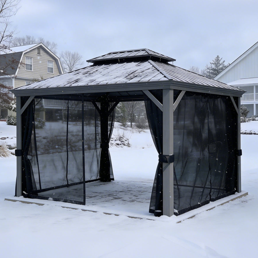 PURPLE LEAF – Pavillon de terrasse pour piscine, toit rigide gris clair en acier galvanisé avec rideaux améliorés