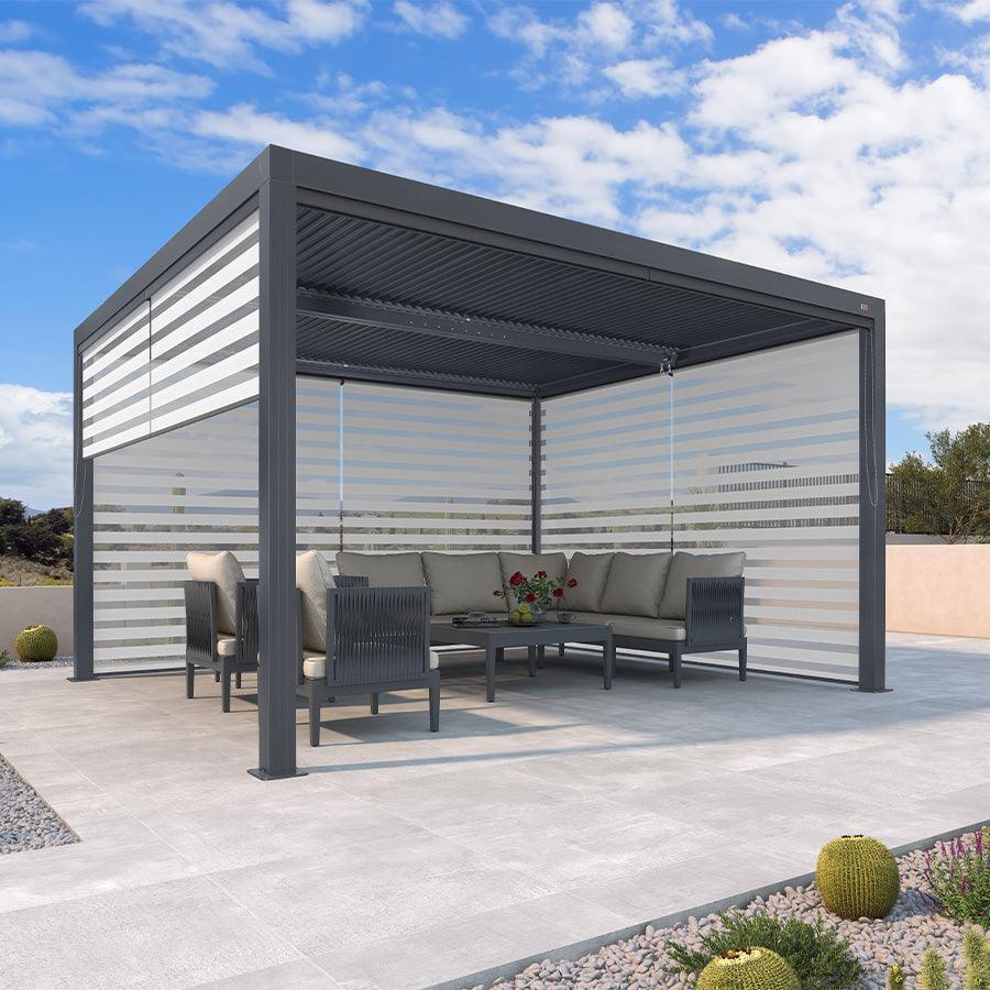 PURPLE LEAF Athena – Pergola extérieure grise en aluminium à lames orientables avec store enrouleur et toit réglable