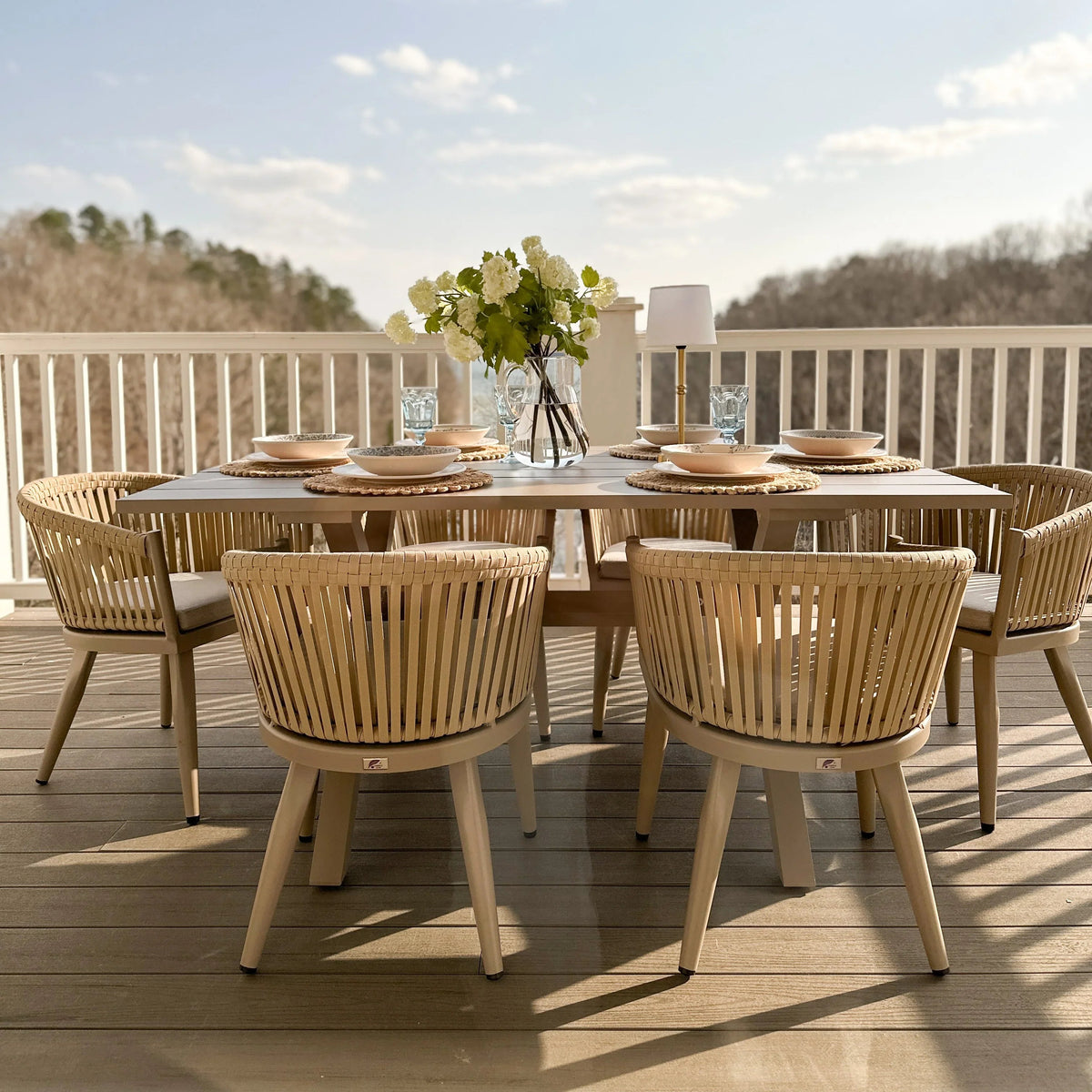 PURPLE LEAF – Ensemble repas extérieur 7/9/11 pièces avec table en aluminium et chaises en rotin tressé, mobilier moderne de terrasse