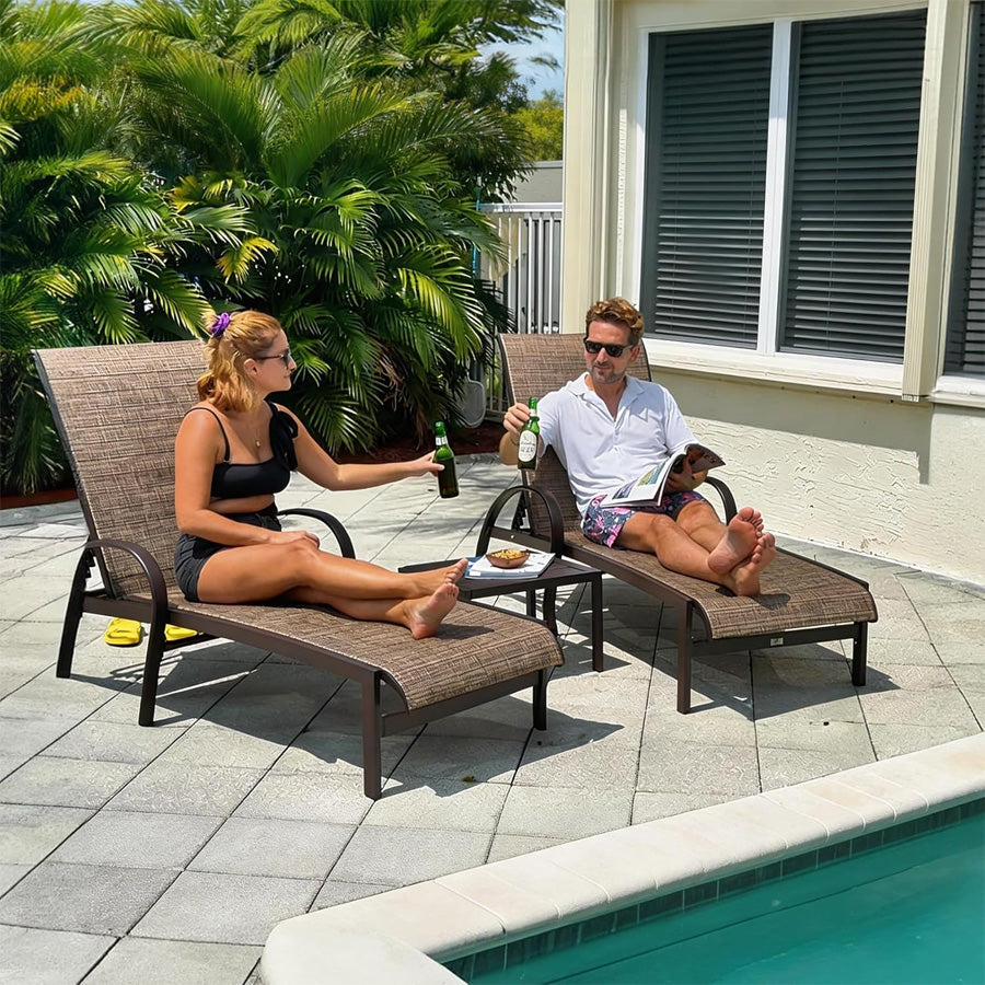 PURPLE LEAF – Chaise longue extérieure en aluminium avec table d’appoint, réglable et inclinable pour terrasse, jardin, piscine et plage