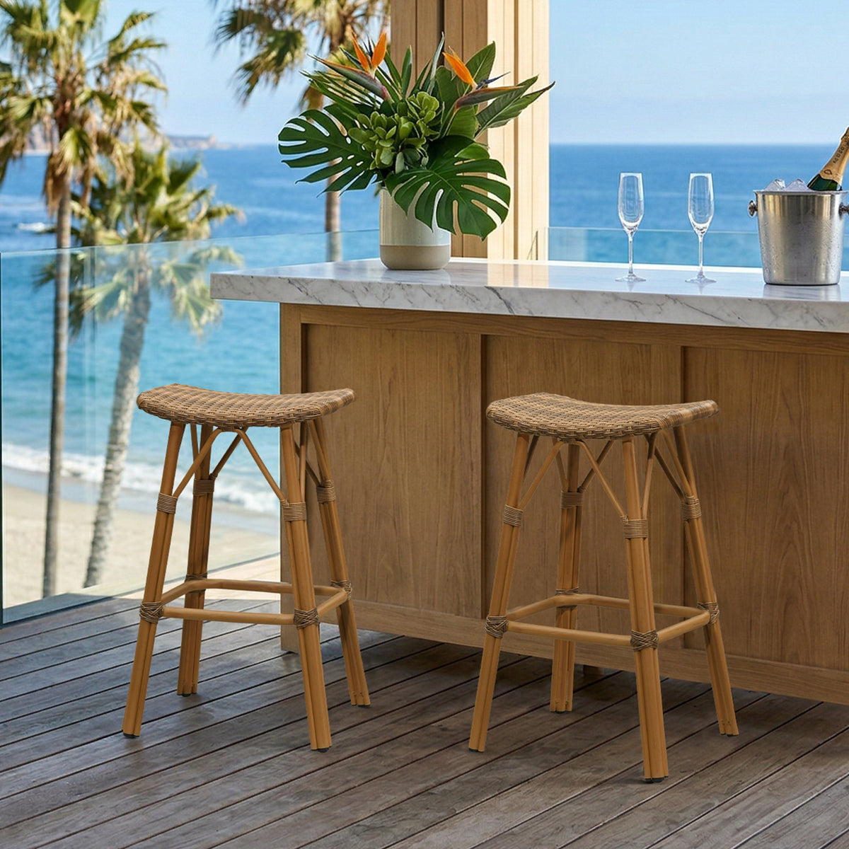 PURPLE LEAF – Lot de 2 tabourets de bar extérieurs sans dossier en rotin avec assise selle, repose-pieds et structure en aluminium toutes saisons