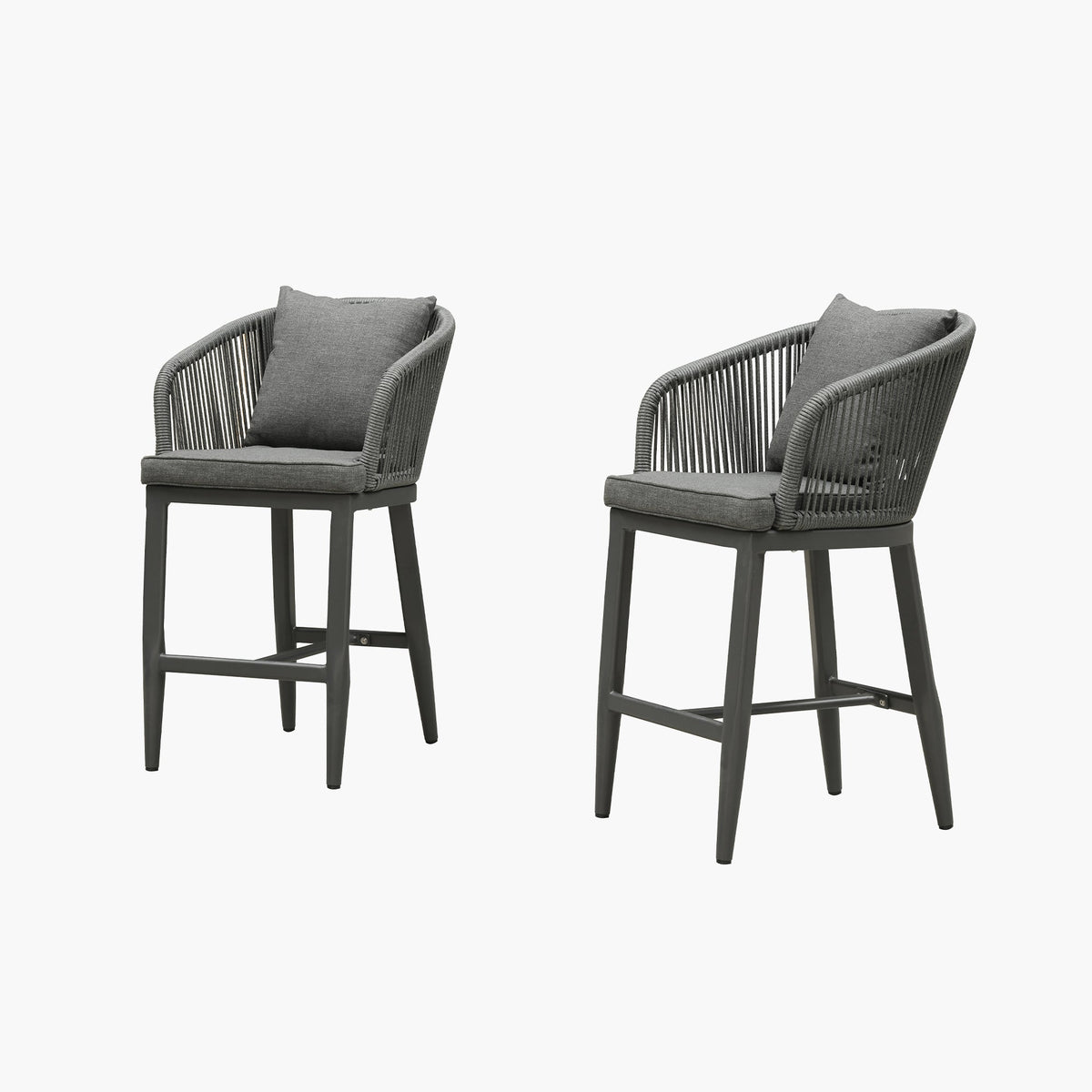 PURPLE LEAF – Tabourets de bar modernes extérieurs en aluminium et rotin avec dossier haut, accoudoirs, coussins et oreillers amovibles