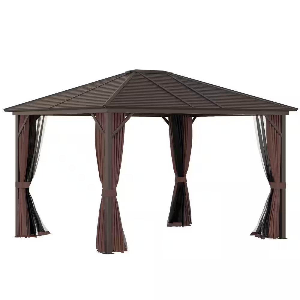 Pavillon en acier à toit rigide 12 Ft. X 10 Ft. avec rideaux zippés entièrement fermants et intérieur spacieux, marron