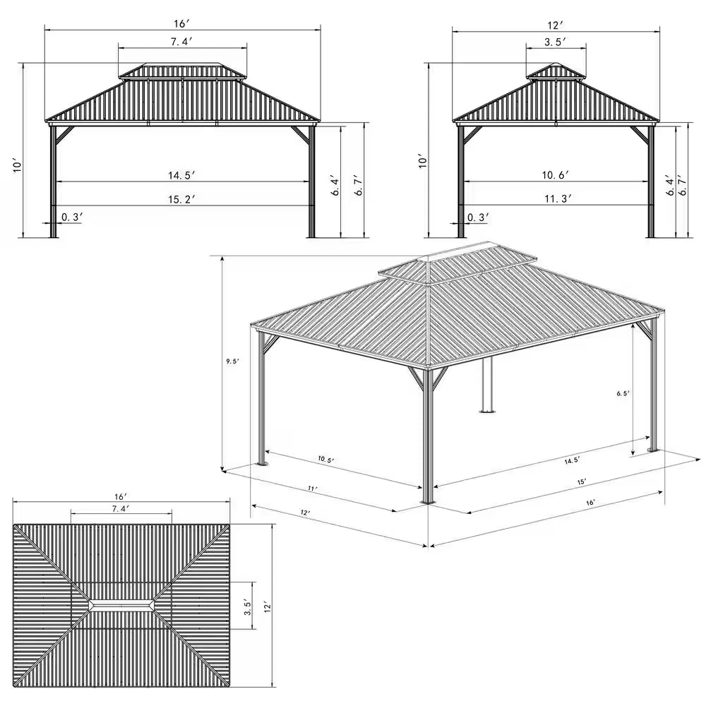 Pavillon permanent en aluminium à toit rigide double 12 Ft. X 16 Ft., marron foncé, avec moustiquaires et parois latérales