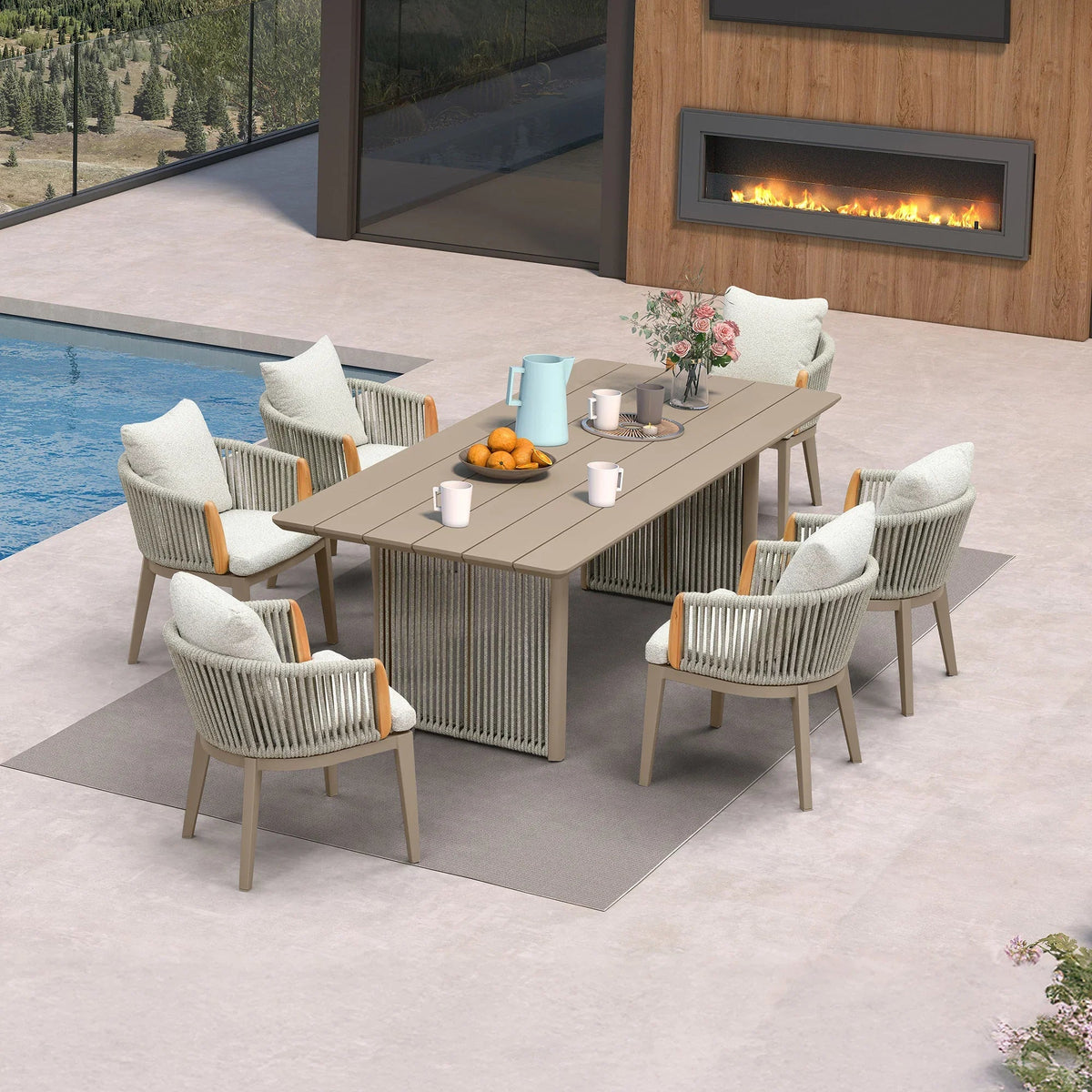 PURPLE LEAF Hailar – Ensemble repas extérieur familial avec table et chaises de terrasse en aluminium et coussins en oléfine