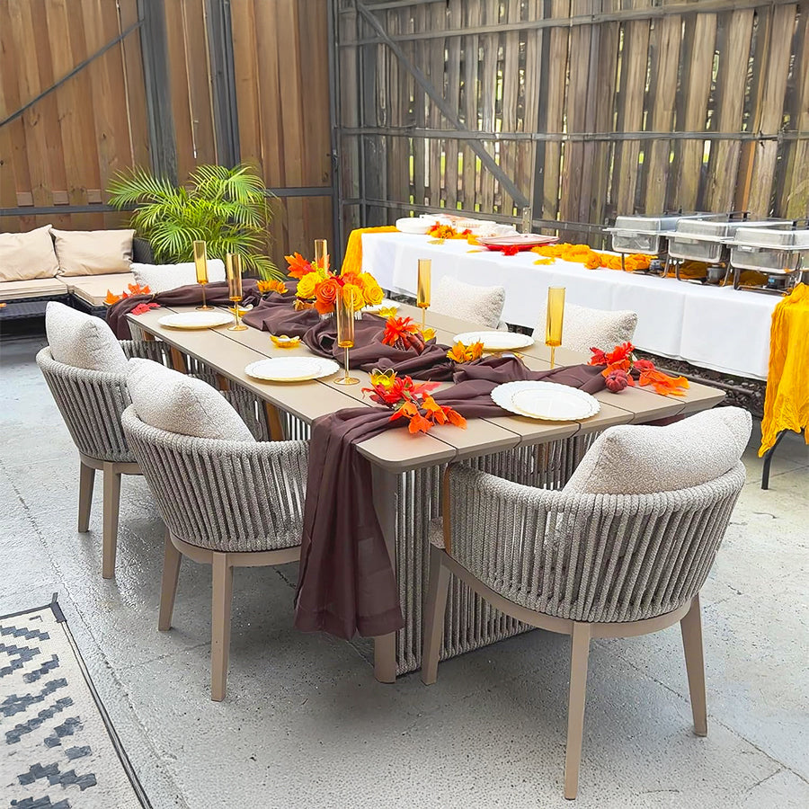 PURPLE LEAF Hailar – Ensemble repas extérieur familial avec table et chaises de terrasse en aluminium et coussins en oléfine
