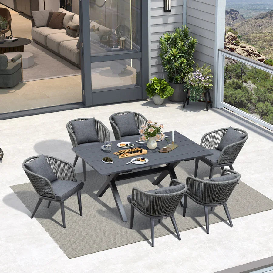 PURPLE LEAF – Ensemble repas de terrasse avec table à structure en aluminium et chaises en résine tressée à la main, gris