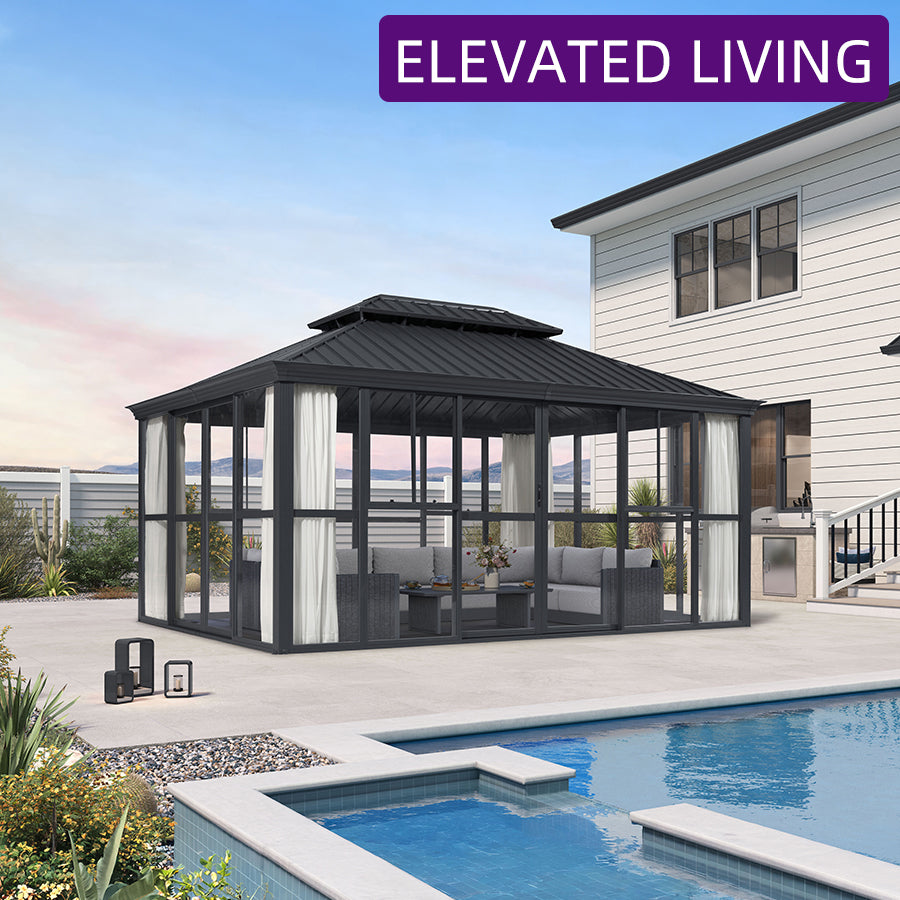PURPLE LEAF – Solarium haut de gamme transparent 360° avec rideaux élégants, portes coulissantes et fenêtres sur 4 côtés