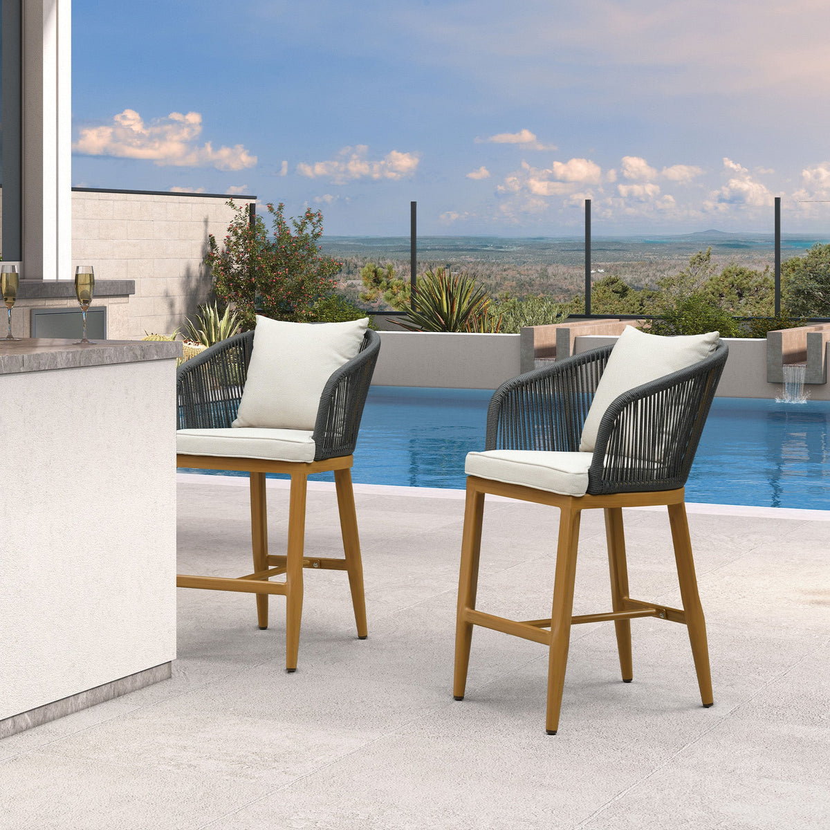 PURPLE LEAF – Tabourets de bar modernes extérieurs en aluminium et rotin avec dossier haut, accoudoirs, coussins et oreillers amovibles