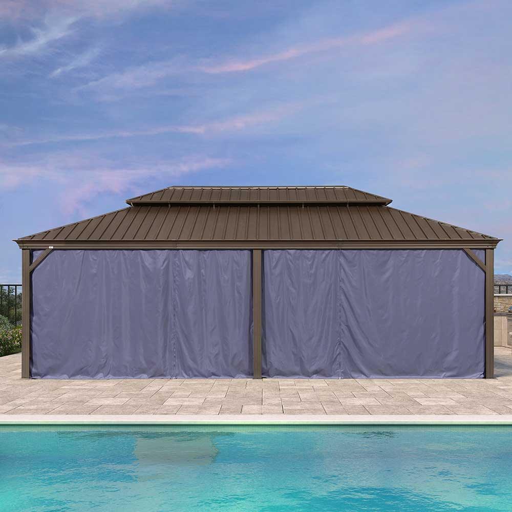 PURPLE LEAF – Pavillon extérieur à toit rigide pour terrasse, structure en aluminium bronze avec rideau bleu marine