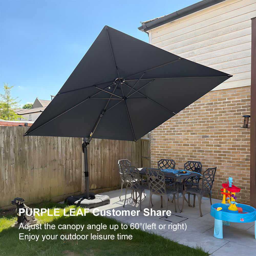 PURPLE LEAF – Parasol de terrasse déporté avec inclinaison latérale, base, support et rotation 360°