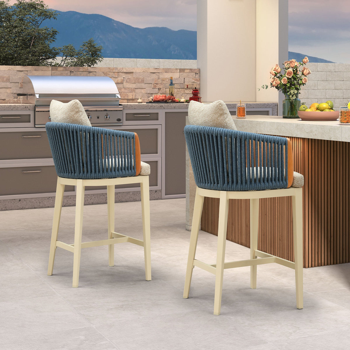 PURPLE LEAF Hailar – Tabouret de bar extérieur moderne en rotin avec dossier et coussin pour balcon, intérieur, extérieur ou îlot de cuisine