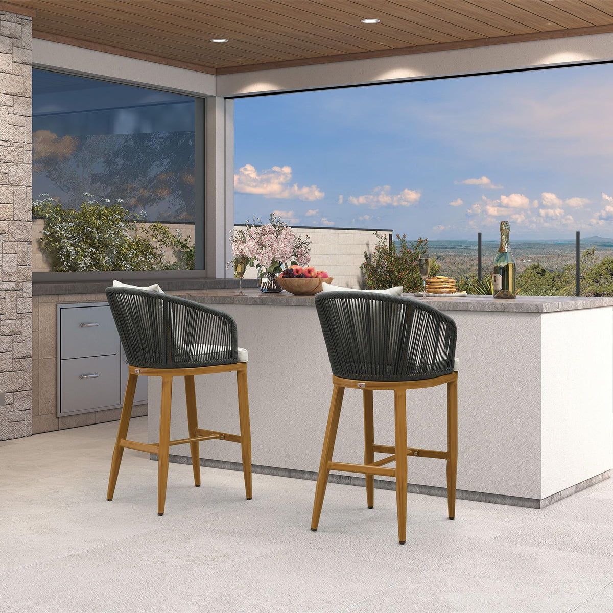 PURPLE LEAF – Tabourets de bar modernes extérieurs en aluminium et rotin avec dossier haut, accoudoirs, coussins et oreillers amovibles