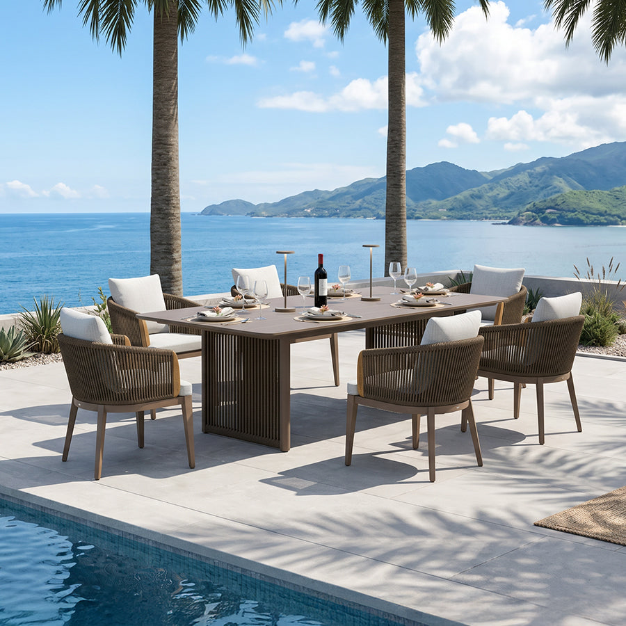 PURPLE LEAF Hailar – Ensemble repas extérieur familial avec table et chaises de terrasse en aluminium et coussins en oléfine