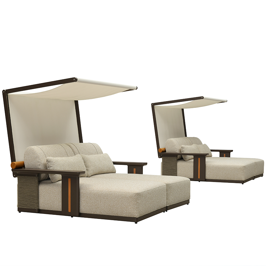 PURPLE LEAF – Chaise longue extérieure moderne en aluminium finition teck avec coussin épais et 2 oreillers pour terrasse, piscine et villa