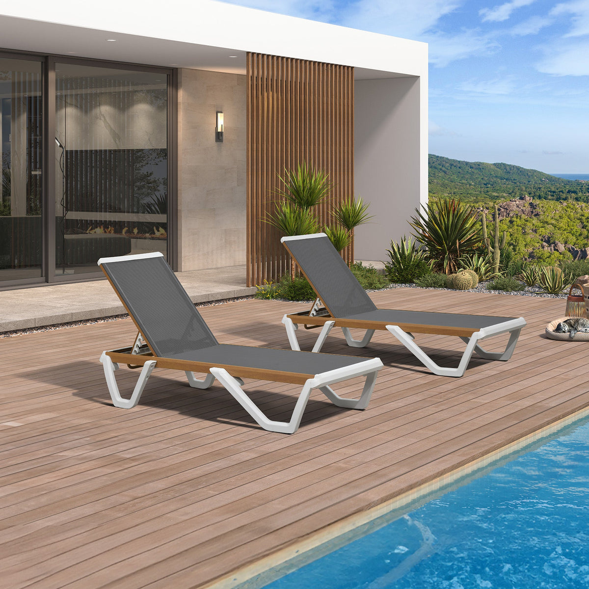 PURPLE LEAF – Ensemble chaises longues blanches de terrasse, réglables sur cinq positions, en plastique empilable pour piscine et plage