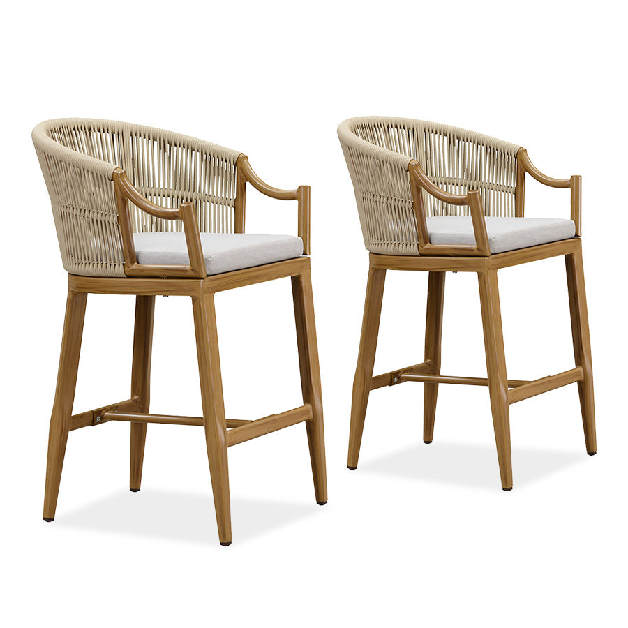 PURPLE LEAF – Lot de 2 tabourets de bar hauts de terrasse en résine tressée et métal, avec coussins, dossiers et accoudoirs ergonomiques