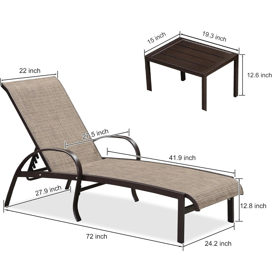 PURPLE LEAF – Chaise longue extérieure en aluminium avec table d’appoint, réglable et inclinable pour terrasse, jardin, piscine et plage
