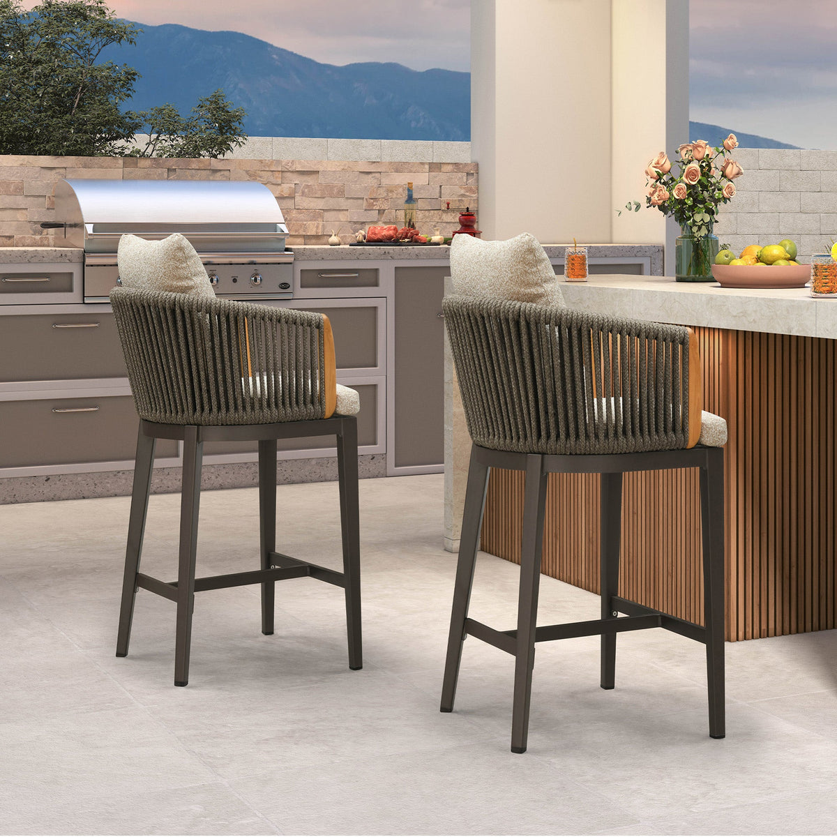 PURPLE LEAF Hailar – Tabouret de bar extérieur moderne en rotin avec dossier et coussin pour balcon, intérieur, extérieur ou îlot de cuisine