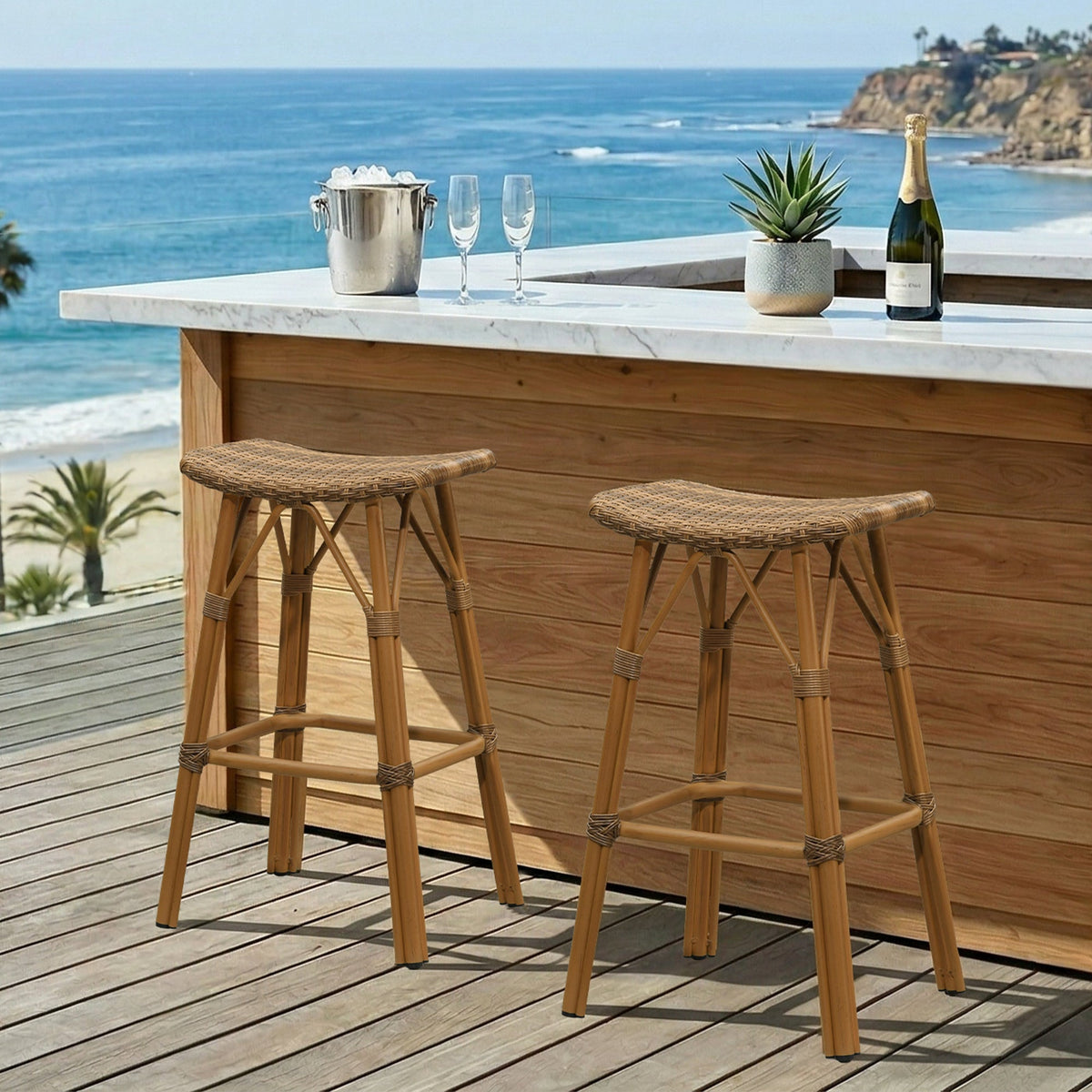 PURPLE LEAF – Lot de 2 tabourets de bar extérieurs sans dossier en rotin avec assise selle, repose-pieds et structure en aluminium toutes saisons