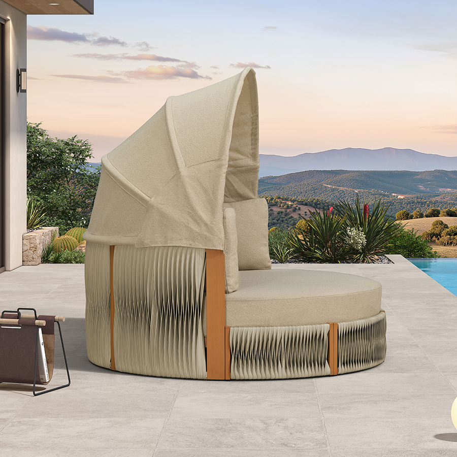 PURPLE LEAF – Lit de repos rond extérieur avec auvent réglable, tissu oléfine, coussins épais et structure en aluminium toutes saisons