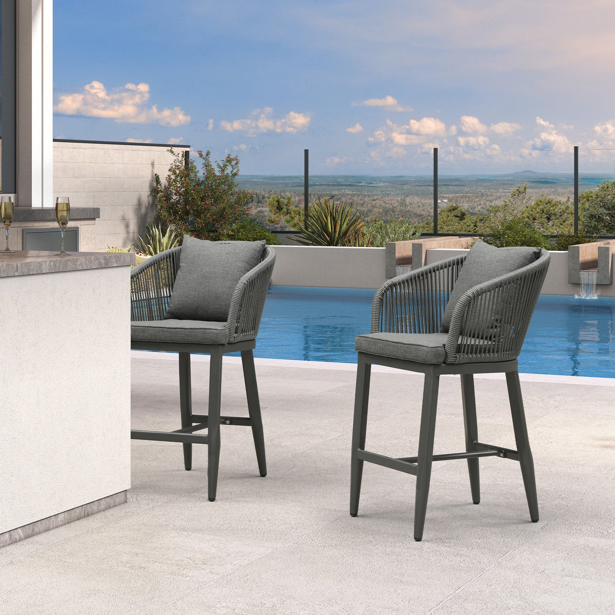 PURPLE LEAF – Tabourets de bar modernes extérieurs en aluminium et rotin avec dossier haut, accoudoirs, coussins et oreillers amovibles