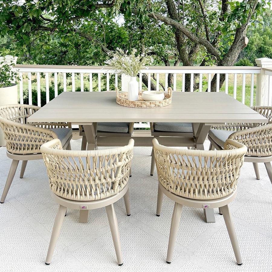 PURPLE LEAF – Table repas extérieure moderne 6/8/10 places avec table en aluminium toutes saisons et chaises en rotin avec coussins, Champagne